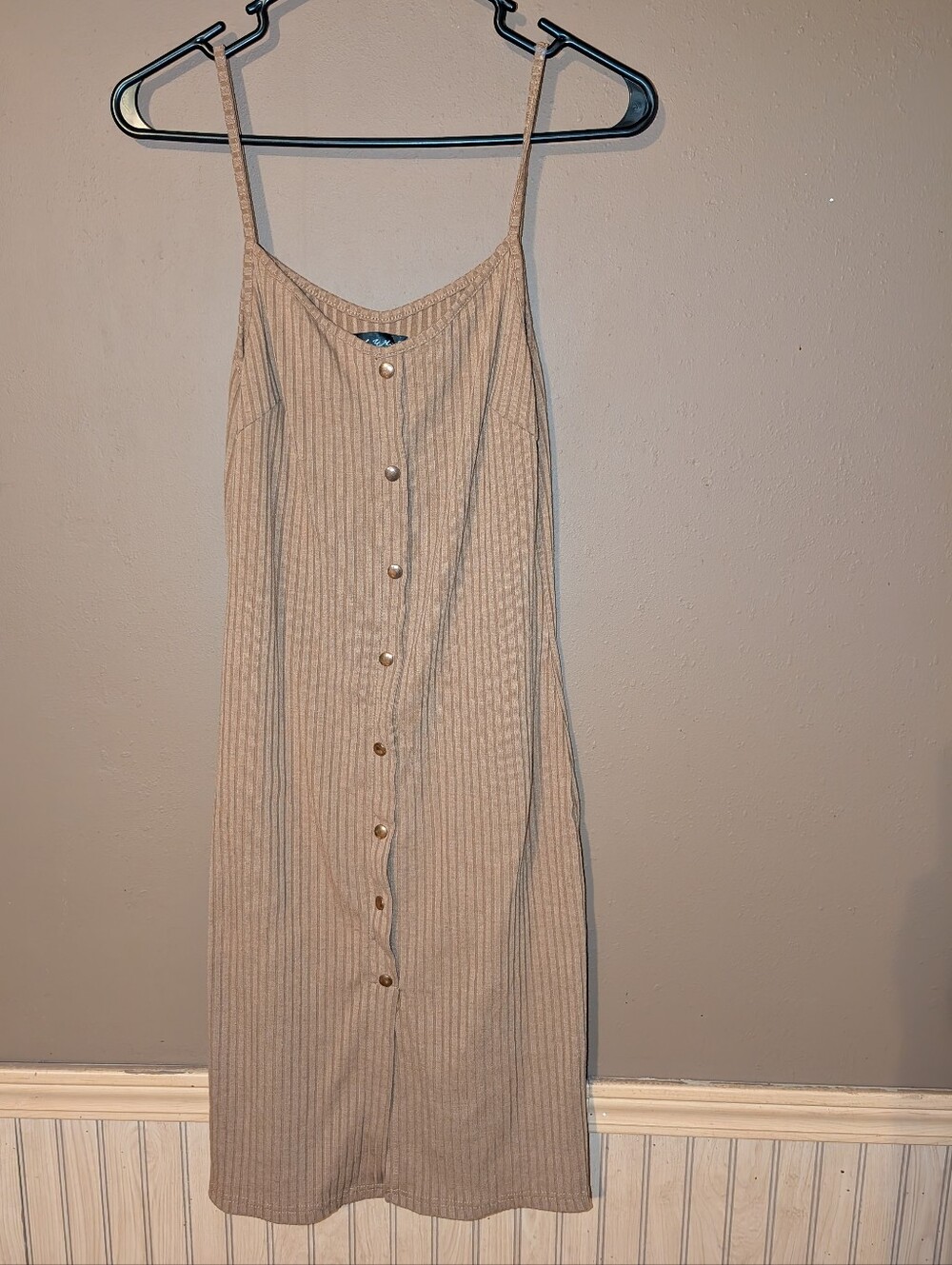 Say What? Tan Ribbed Button-Front Midi Dress